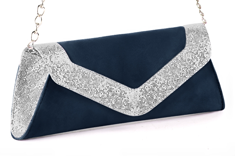 Navy blue and light silver women's dress clutch, for weddings, ceremonies, cocktails and parties. Front view - Florence KOOIJMAN